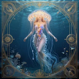 beautiful spaghetti jellyfish goddess underwater, ethereal art deco, fantasy, intricate art deco ocean designs, elegant, highly detailed female, sharp focus, art by artgerm and beeple and greg rutkowski and wlop