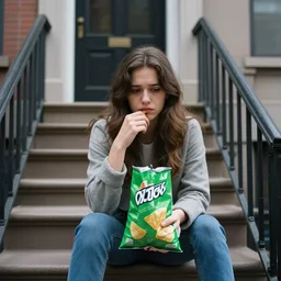real front photo of a sad brunette girl sitting at the staircase of a new york house eating from a green bag of chips, sad environment, cloudy