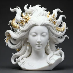 3 d full head and shoulders beautiful white porcelain female head, flowing massive hair, chinese gold dragons, giant sculpture on a platform in a wide city street, by theodor seuss geisel and daniel arsham and xiang duan