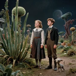 detailed, sharp, a girl and a boy standing next to some strange wild alien plants, looking happy, wearing 1840s era clothes, their small pet tiny alien creature is standing nearby, in a park on a strange alien planet, extremely highly detailed, 70mm still from a classic period sci fi color movie, 4k, 35mm macro lens, cinematic lighting