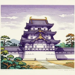 A detailed woodcut colorful print of Japanese Imperial Palace, Purple, By Da Vinci