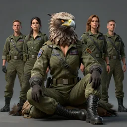 epic professional digital art of female human - eagle hybrid animal, sitting and wearing human air force jumpsuit, humanoid feathered head, eagle beak, by lisa roet, reyna rochin, ignacio fernandez rios, leesha hannigan, wayne haag, artstation, cgsocietywlop, epic, much wow, much detail, gorgeous, detailed, cinematic, masterpiece