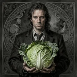 a portrait of john oliver and a cabbage, stoic, fantasy, intricate, elegant, beautiful, highly detailed, charcoal, centered, dark, smokey, digital painting, artstation, concept art, smooth, sharp focus, illustration, art by artgerm and greg rutkowski and alphonse mucha