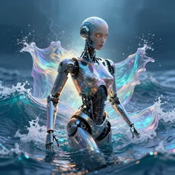 trippy female machine droid bathing in ocean waves of glossy liquid stardust flowing like psychedelic plasma, lsd waves, lsd ripples, backlit, dramatic, refracted lighting, volumetric lighting, 8 k octane beautifully detailed render, post - processing, extremely hyper - detailed, intricate, epic composition, cinematic lighting, scifi art by alphonse mucha