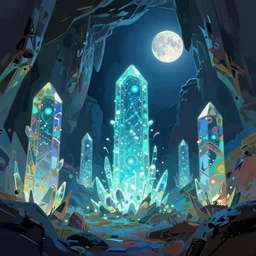 concept art by jama jurabaev, cel shaded, cinematic shot, trending on artstation, high quality, brush stroke, vibrant colors, crystal caves under the moonlight, mysterious luminous steles