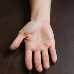 ultra detailed photorealistic woman's hand with palm up, back of hand on the table, palm pattern visible, instagram photo, studio photo, 9 0 mm, f / 1. 4