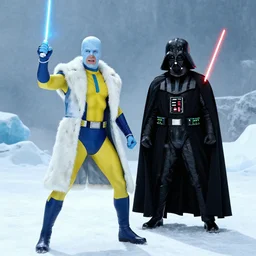 xmen's iceman standoff with darth vader, arctic environment, photograph