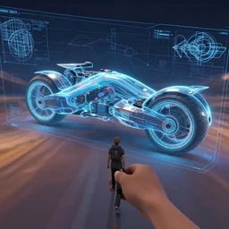 First-Person VR POV screenshot. Walking through an exploded view of a futuristic hover-bike's 3d holographic blueprint diagram. Trending on Artstation. Lighting, colors, and shading by James Gurney.