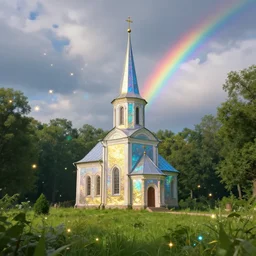 iridescent chapel with a steeple in an old green courtyard meadow, gold and blue glow sparkles floating around in the air and sky, lush forest, ethereal, clouds, rainbows atmospheric, volumetric, greg rutkowski, photoreal, unreal engine, ray - tracing, film still, artstation, 8 k