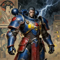 composition portrait mainem of gothic and futuristic, warhammer, cyber japan style armor, more and more scars, thunderstorm,, blue, red and yellow, highly detailed, artstation, in the style of moebius, jugendstil and classic japanese print, art by jean delville and rene magritte