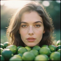 analog close up frontal face portrait photography of a beautiful woman surrounded green limes by annie leibovitz. vogue. kodak portra 8 0 0 film. ( depth of field ). whirl bokeh!!. golden hour. detailed. hq. realistic. warm light. muted colors. filmic. dreamy. lens flare. mamiya 7 ii, f / 1. 2, symmetrical balance, in - frame