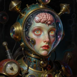 baroque neoclassicist close - up sci - fi portrait of a colorful steampunk time machine mechanic with big glowing eyes gazing intensely, a brain in a bubble. dark black ominous background, glowing atmosphere. highly detailed science fiction horror painting by norman rockwell, frank frazetta, and syd mead. rich colors, high contrast, gloomy atmosphere. trending on artstation and behance.