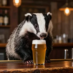 european badger!!!!!! with long snout and black and white stripes drinking trendy ipas in a hipster bar