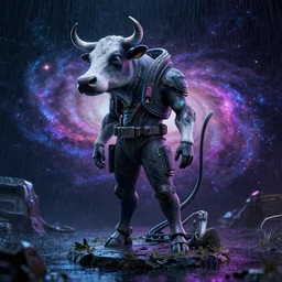 cyberpunk cow statue, rain, space, galaxy, octane render, hyperrealism
