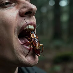 movie still a cockroach in a man's mouth, trail cam footage, low quality, pov, liminal space style