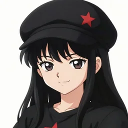anime girl wearing massive black beret, black shirt with red star, smug grin, cel - shading, 2 0 0 1 anime, flcl, jet set radio future, golden hour, japanese town, concentrated buildings, japanese neighborhood, electrical wires, cel - shaded, strong shadows, vivid hues, y 2 k aesthetic