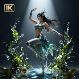 female water sorcerer, high quality character design, action pose : : spotlight, magical, seapunk, seaweed, bubbles, high detail, 1 6 k, oled, shadows, reflections, digital art, official art