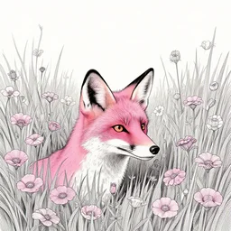 pink fox head popping out of a field of flowers by Moebius, minimalist, detailed