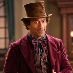 Film still close-up shot of Dwayne Johnson as Willy Wonka from the movie Willy Wonka & The Chocolate Factory