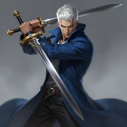 a highly detailed illustration of short slick back white haired man wearing dark blue coat, dramatic wielding sword pose, intricate, elegant, highly detailed, centered, digital painting, artstation, concept art, smooth, sharp focus, league of legends concept art, wlop
