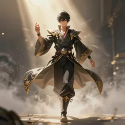 Kuroh Yatogami, full-body, dynamic poses, ornate, cinematic lighting, God rays, volumetric fog, bloom, by Nebezial, by Artgerm, by WLOP, by Ross Tran, by Sakimichan, fantasy, portfolio illustration, highly detailed, trending on Artstation, CGsociety, HQ, 8k, 35mm lens, f2.8, Bokeh,