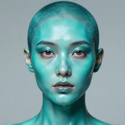 fashion model with head and face covered in teal liquid, realistic, symmetrical, studio lighting, ultra detail, art by artgerm