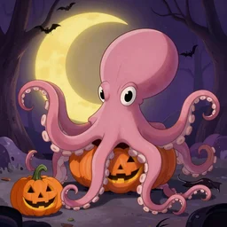 vampire octopus character trick or treating on halloween, by stephen hillenburg and jhonen vasquez, real, animation, pink, yellow
