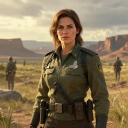 fallout 5, concept art brunette female enclave officer portrait, concept art, outdoors mesa setting, spring time, slight overcast, atmospheric lighting, painted, intricate, volumetric lighting, beautiful, sharp focus, golden hour, ultra detailed by jack kirby, ignacio fernandez rios, thierry doizon