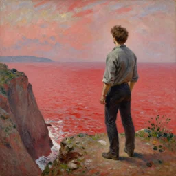 an attractive male standing on a cliff, looking out at a red ocean, by gaston bussiere, craig mullins, j. c. leyendecker, claude monet