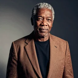 a studio photograph of Morgan Freeman dressed as A rapper, 40mm lens, shallow depth of field, split lighting