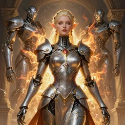 Alluring Elf Princess knight, Futuristic Cyborg goddes. By Frank Lloyd Wright, by  Rembrandt multiplicated ,  concept art, inrincate, sharp focus, digital painting, unreal engine, cgsociety, neoclassical, mech, robot, fractal flame, cinematic, overwatch skin, highly detailded
