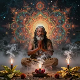 a vision of the tobacco plant teacher spirit as an old indigenous man during an ayahuasca ceremony, surrounded by thick smoke, fractals, visionary art, matte painting, highly detailed