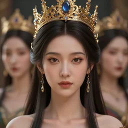blurred background. close-up portrait of a goddess in crown, by Ruby Kurosawaand Afarin Sajedi and Alena Aenami. octane render. superrealism