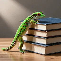 the! gecko from geico commercials! on a table,! being crushed! by a stack of books