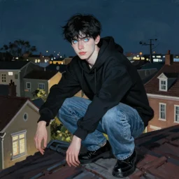 handsome young man with short black hair, glowing light blue eyes, pale skin, crouching on the roof of a house, in a neighbourhood, at night, wearing jeans and a black hoodie, realistic painting by ross tran and gerald brom and alphonse mucha, trending on artstation