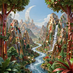 beautiful metallic landscape metal forests trees made of metal mountains rivers red and green glossy leaves many layers waterfalls half moon villages castles, buildings artstation illustration sharp focus sunlit vista painted by ruan jia raymond swanland lawrence alma tadema zdzislaw beksinski norman rockwell tom lovell alex malveda greg staples
