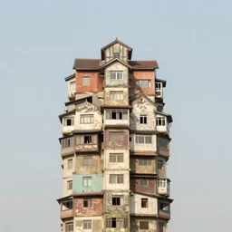 a tower made up of squatter houses with bleached colours, mamiya, 8 5 mm, f 1. 7, fully frontal view, uniform plain sky, fine details, photographed by julie blackmon