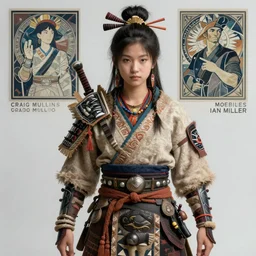 detailed ultrarealistic photography of cyberpunk rustic robust tribal warrior japanese girl, craig mullins, vallejo, moebius, ian miller, mucha cinematic, full shot, vogue magazine cover