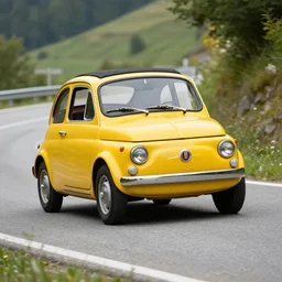 A very beautiful photo of one old yellow Fiat 500 racing on a mountain road