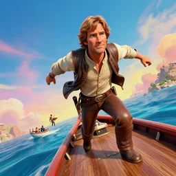 harrison ford as han solo escaping on a boat, colorful, contrast, 3 d scene, greg rutkowski, zabrocki, karlkka, jayison devadas, trending on artstation, 8 k, ultra wide angle, zenith view, pincushion lens effect
