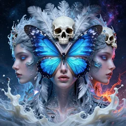 3 d goddess butterfly face portrait, face in the center, bioluminescent, beautiful intricate highly detailed quetzalcoatl skull and feathers. ice, galaxy, plasma, lava, milk, artwork by tooth wu and wlop and beeple and greg rutkowski, 8 k trending on artstation, volumetric lighting
