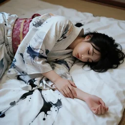hypperrealistic portrait of asian female in half open kimono sleeping in the floor covered by white blanket with black fluid splashes