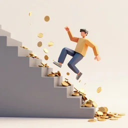 Man falling down stairs with hundreds of coins shooting out of him, low poly, 3d, raytraced, soft shadows, detailed, 4k