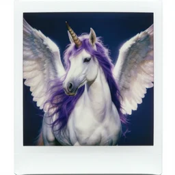 a polaroid photo of, a majestic female centaur with white wings and with a horn on the forehead and purple hair and elf ears, backlit, strong rim light, highly detailed, digital painting, by Peter Mohrbacher + Dan Mumford + vivid colors + high contrast, 8k resolution, intricate, photorealistic, smooth