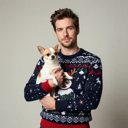 35mm photograph professional studio portrait of a man wearing an ugly christmas sweater holding his pet chihuahua, color, ultra high resolution, photo realistic