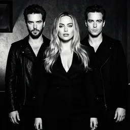margot robbie as megan fox by guy denning and jeremiah kenter mystic high contrast, monochromatic, noir