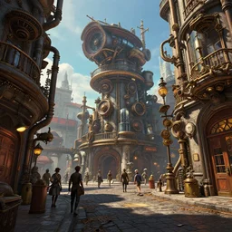 a beautiful insanely detailed matte painting of a steampunk street, sharp, ray tracing, ambient occlusion, octane render, intense colors, by moebius, by greg rutkowski, by rossdraws