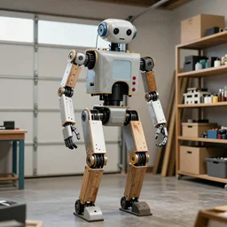 a humanoid bipedal robot made of spare parts and household materials in a workshop, garage or closet