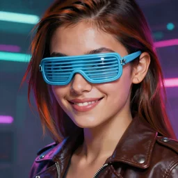 closeup painting of a very beautiful young mexican cyberpunk woman with a smirk, wearing light blue shutter shades and a dark brown leather jacket, one side haircut, brown hair, portrait, hyperdetailed, artstation, cgsociety, 8 k, synthwave by tangerine dream