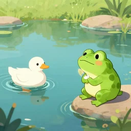 a frog faced duck monster, playing in the pond, fishes everywhere, digital art